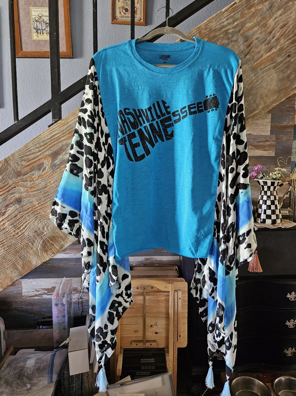 Upcycled Women's Nashville Tee With Leopard Kimono Sleeves